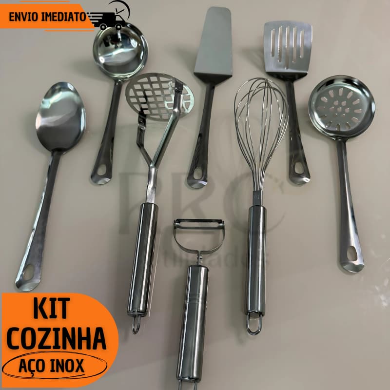 Kit Utensílios de Cozinha 100% Inox Colher Concha Amassador Espátula Descascador Fue Escumadeira