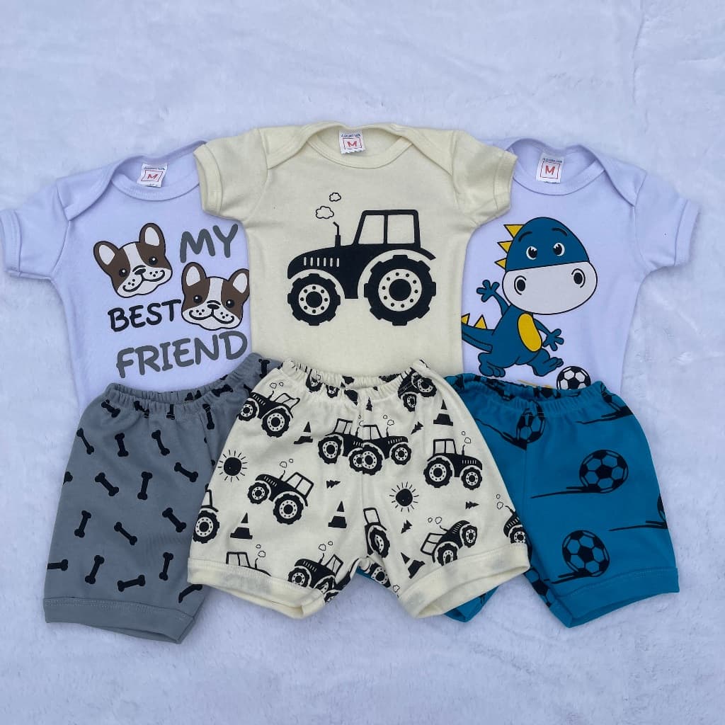 Kit 3 Conjunto Infantil Masculino (3 Body + 3 Short)  | Suedine 100% Algodão