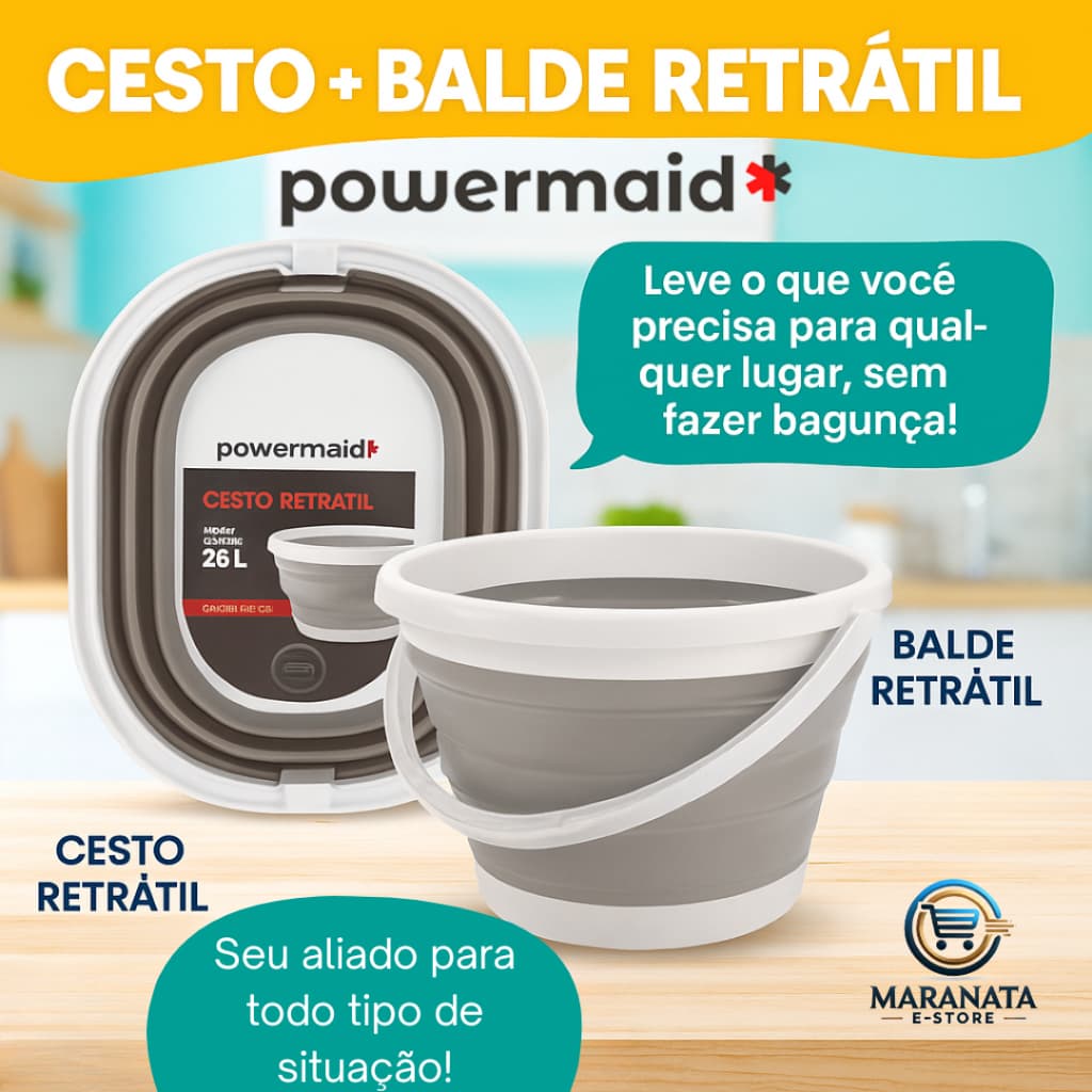 Balde de Silicone Retrátil Powermaid Premium + Cesto Dobrável Multiuso – Kit Prático, Compacto e Durável