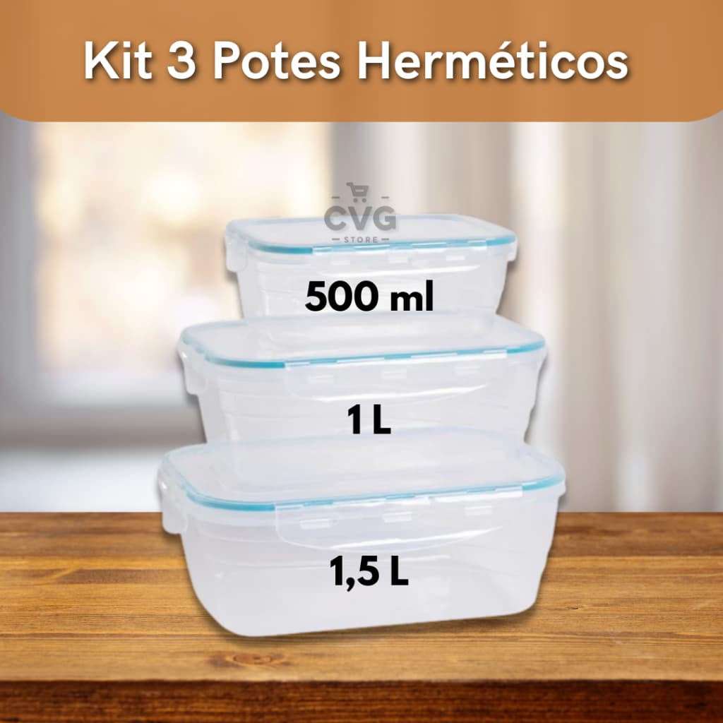 Conjunto 3 Marmitas para Freezer e Micro-ondas Potes  Plástico Trava e Alta Vedação 500 ML/1L/1,5L
