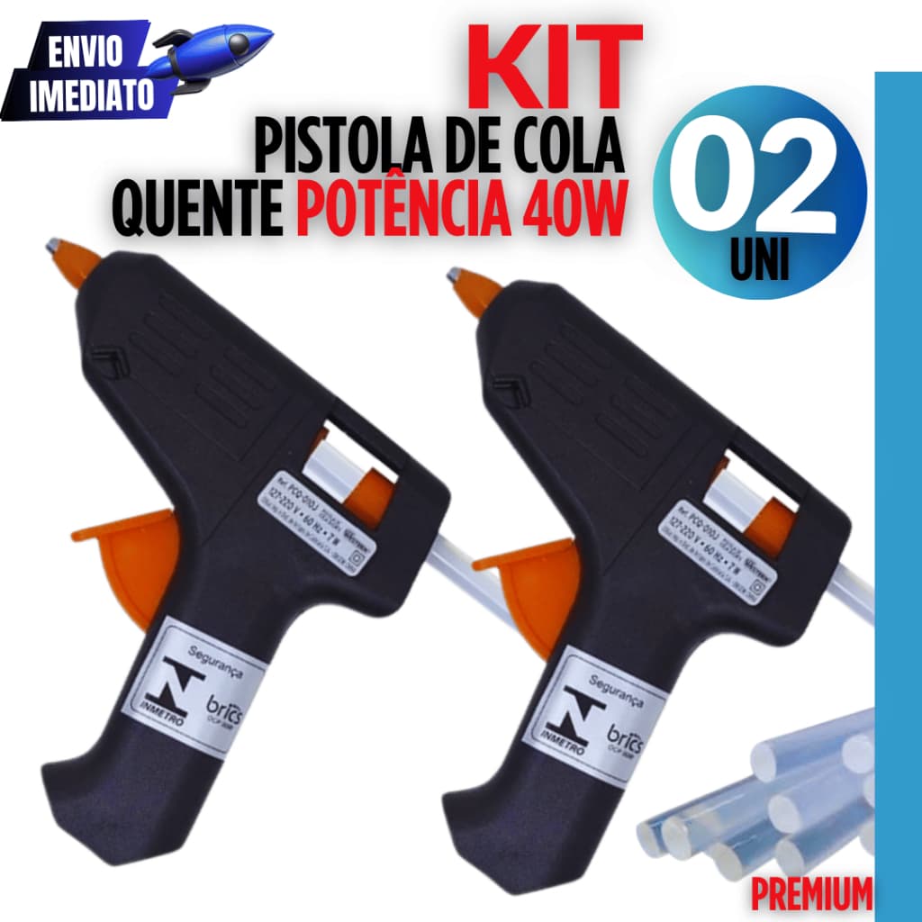Jogo Kit 02 Pistola de Cola Quente 40W Bico Fino Bivolt Acompanha 4 bastões Linha Premium