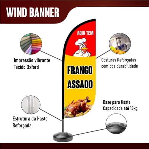 Wind Banner modelo Frango Assado para Lojas e Quiosques - Kit Completo ou Só Bandeira Dupla Face