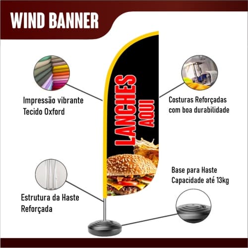 Wind Banner Modelo Lanche Aqui p/ Lanchonete ou Trailer Kit Completo ou Só Bandeira Lanches Aqui