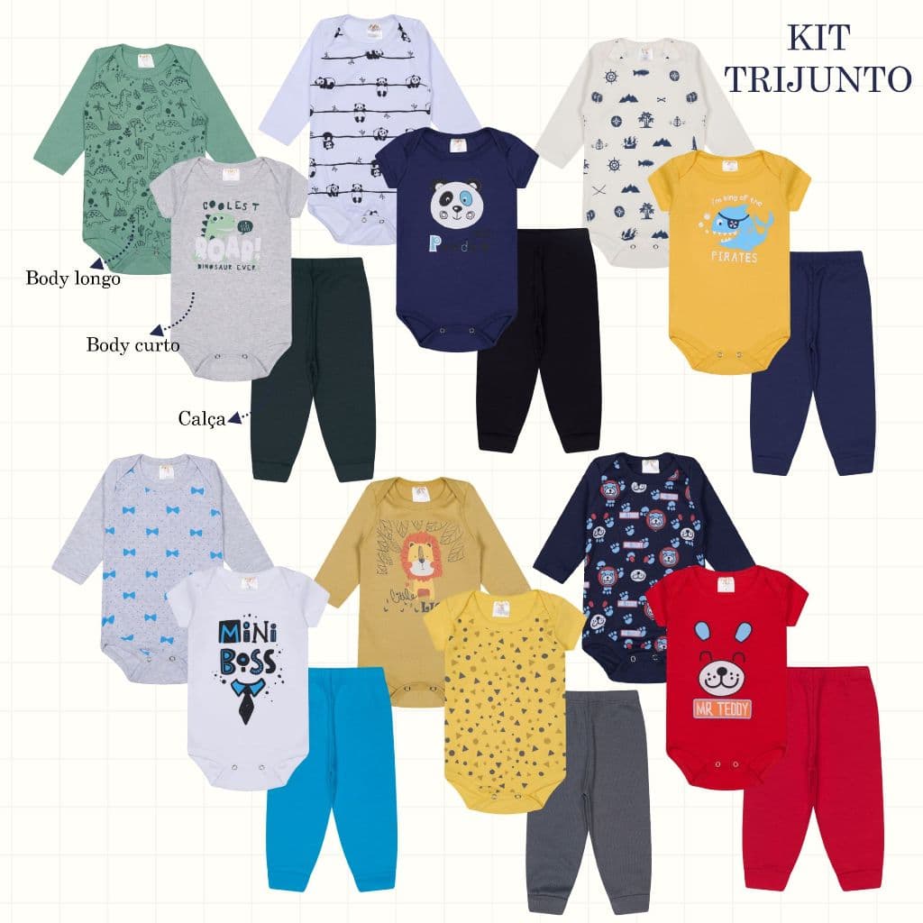 kit 12 peças conjunto body Bebê Menino masculino - body manga longa curta + mijão Promoção do dia