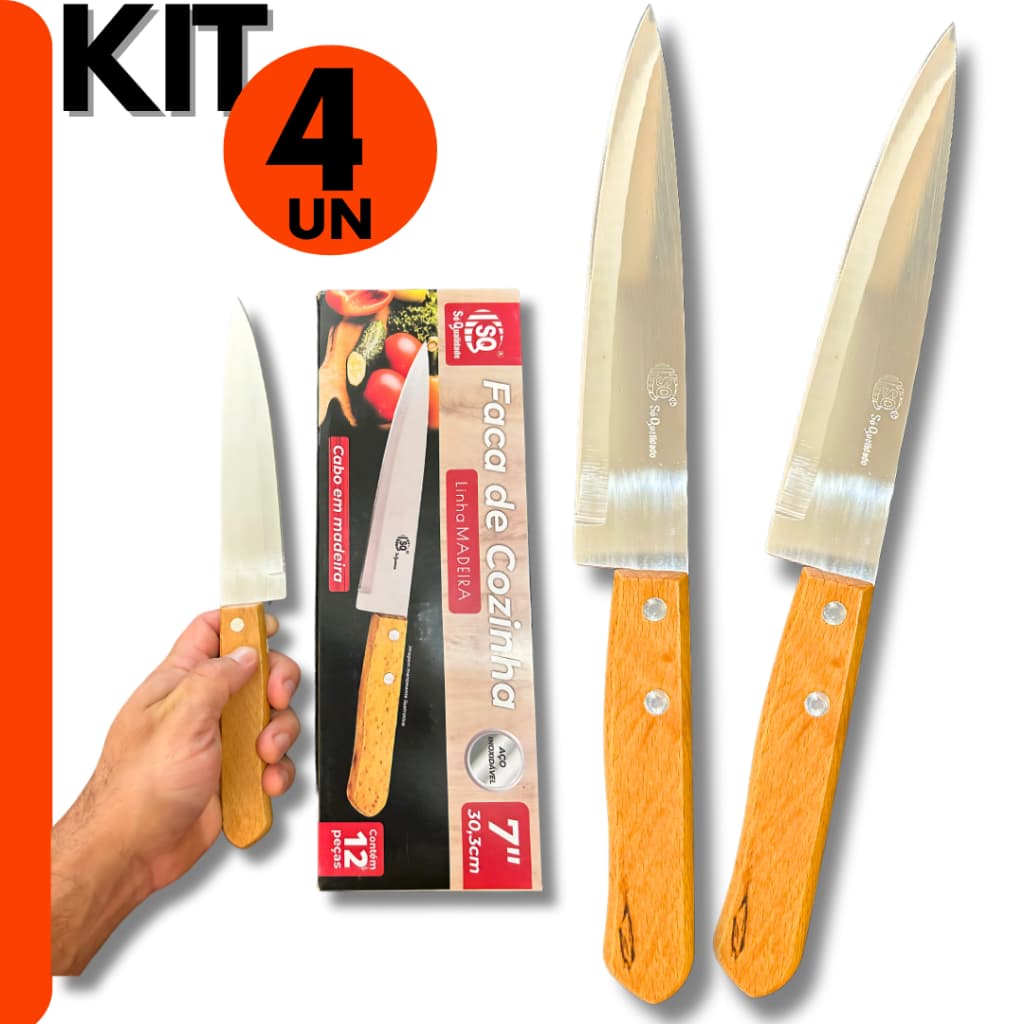 Kit 4 Facas para Cozinha Com Cabo em Madeira 6"