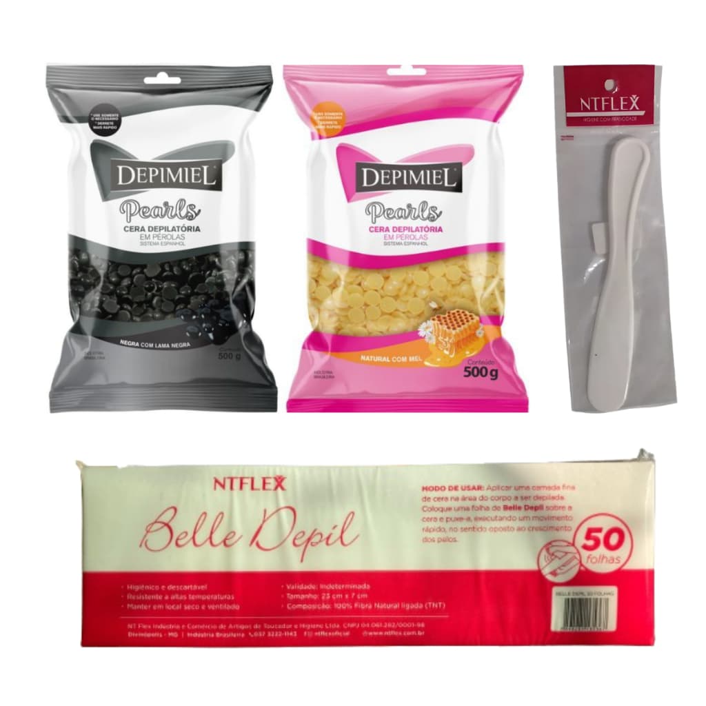 Kit Cera Depilatória Quente Perolada Depimiel 500g + Papel tnt 50un 80gr 23cm x 7,2cm + Espatula plástica