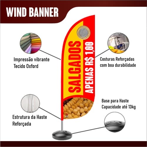 Wind Banner para Lanchonete modelo Salgados 1 Real - Somente Bandeira ou Kit Completo