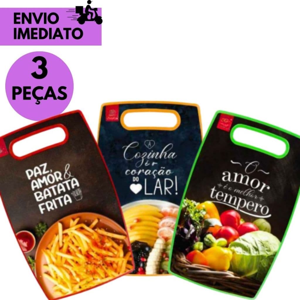 kits 3 ou 1 Tábua de Corte em Plástico Durável p/ Cozinha Carnes Frutas e Legumes Kit com 3 Unidades