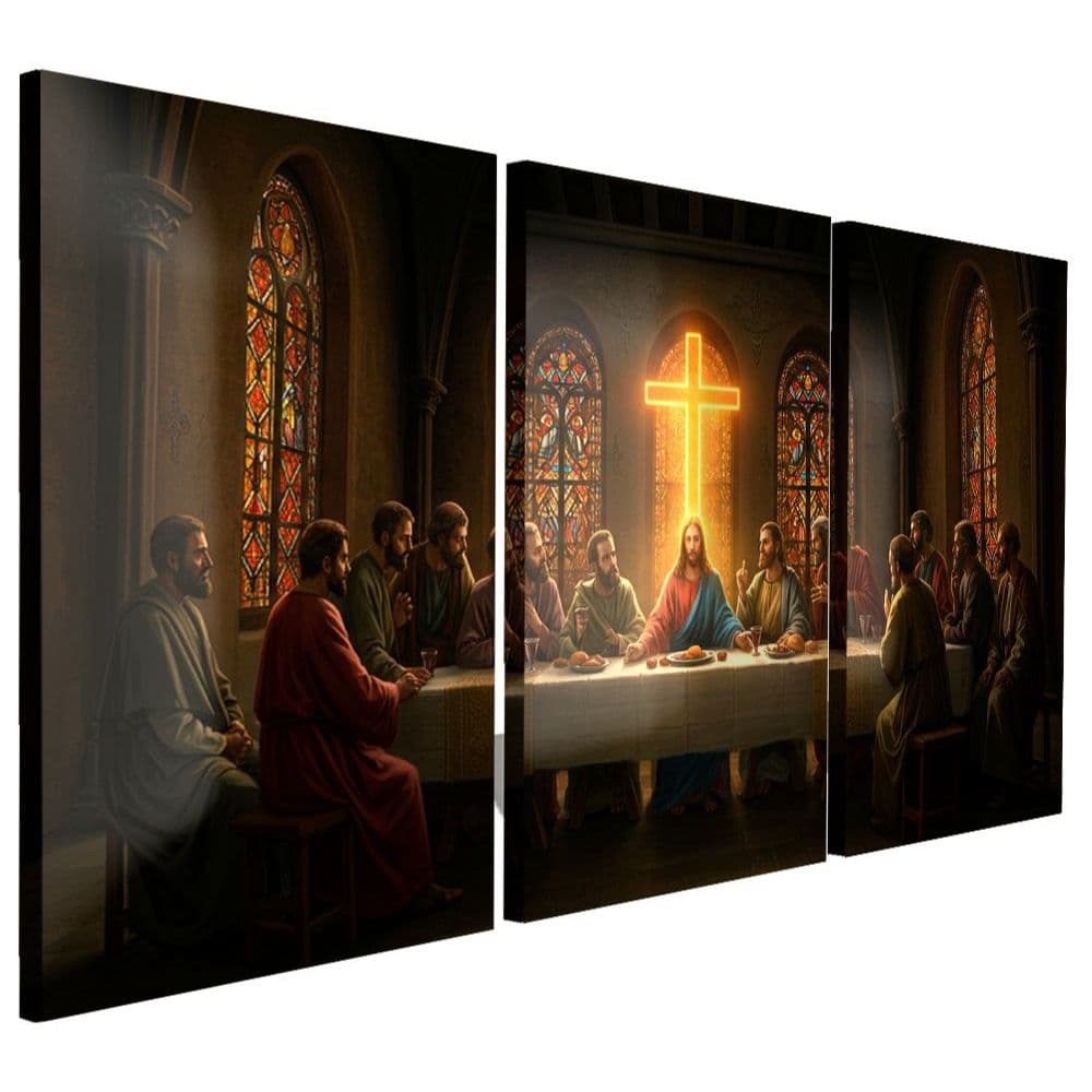 Quadro Decorativo Última Ceia com Cruz e Vitral Religioso
