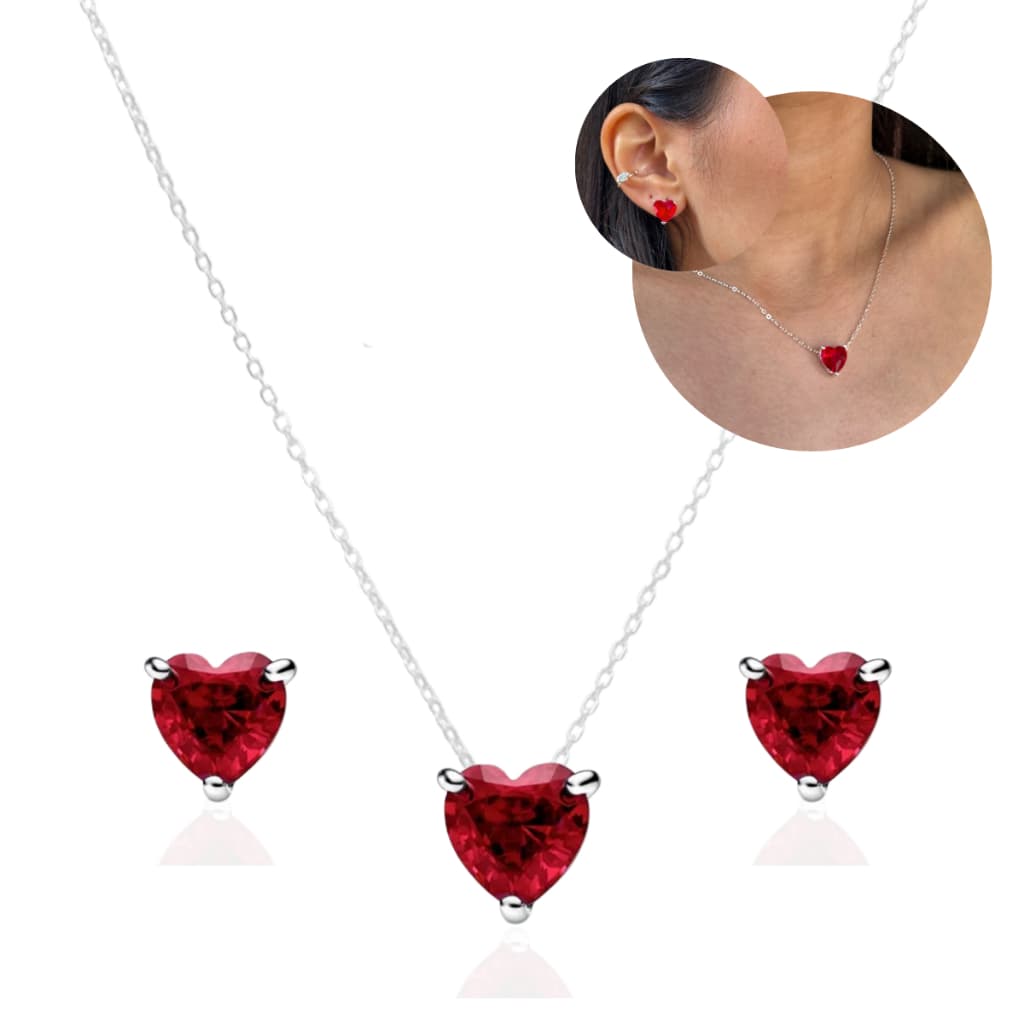Conjunto Colar e Brinco Coração Vermelho Banhado a Prata 925