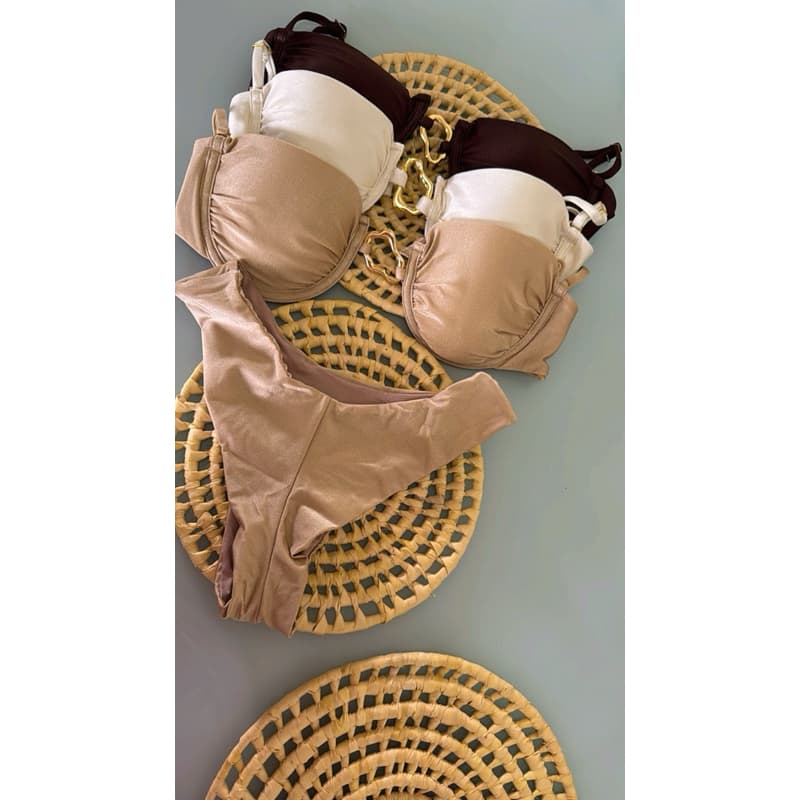 Biquíni luxo meia taça plissado com fivela dourada gota calcinha fio duplo detalhe dourado