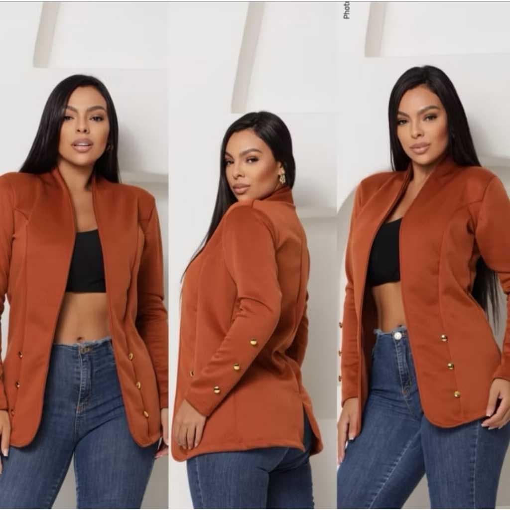 Blazer Social Liso Botões Alongado Feminino Acinturado Tecido Neoprene