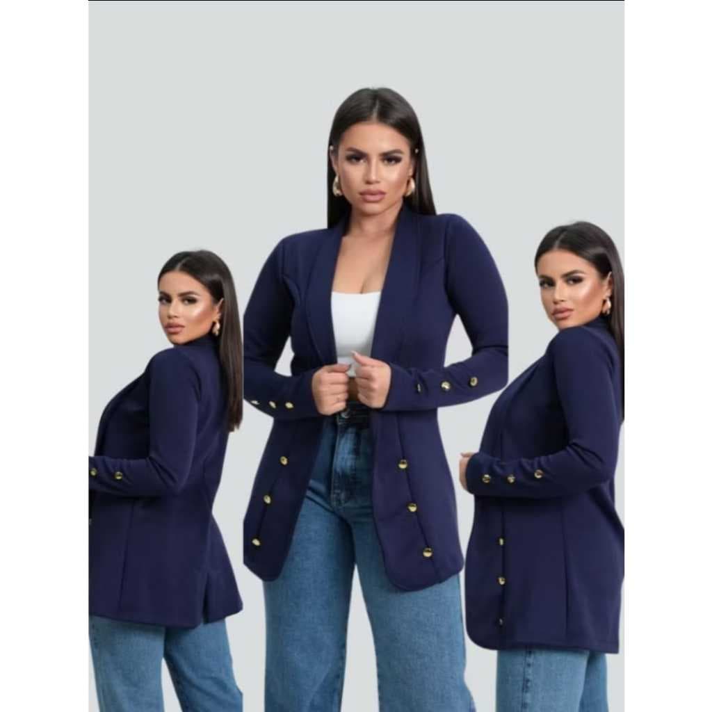 Blazer Social Liso Botões Alongado Feminino Acinturado Tecido Neoprene