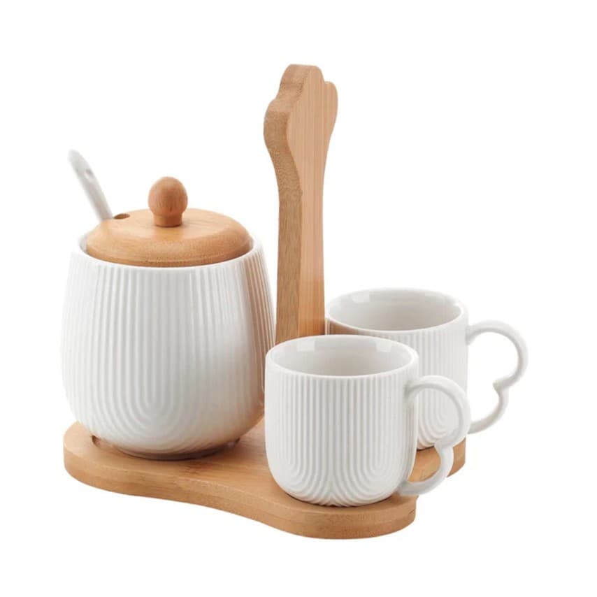 Jogo Xícaras Café Com Açucareiro E Suporte em Bambu Oásis 4 Peças Hauskraft