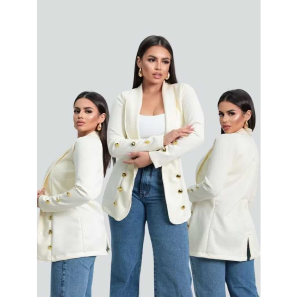 Blazer Social Liso Botões Alongado Feminino Acinturado Tecido Neoprene