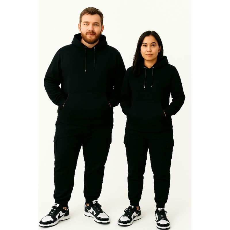 conjunto moletom unissex canguru com calça cargo com touca e calça 2pçs