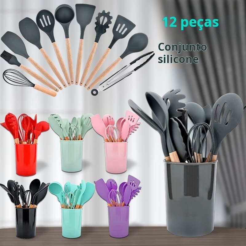 12 Peças Utensílios De Cozinha Colheres Espatula Silicone Cabo Madeira Decoração Livre BPA