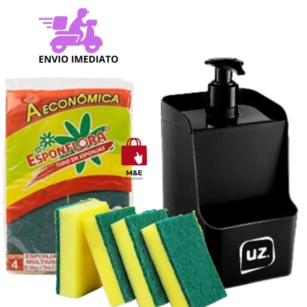 Kit De Duas Peças Porta Detergente E Quatro Esponjas Multiuso