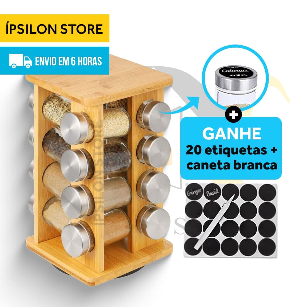 Kit Com Porta-Temperos Giratório De Bambu (1 Unidade) + 16 Potes De 100ml + 16 Etiquetas + Caneta