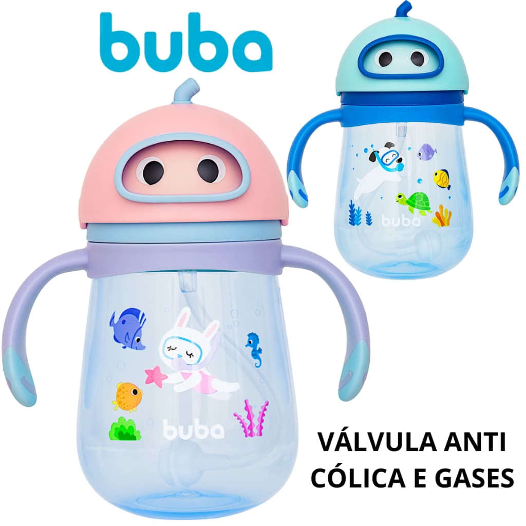 Copo Treinamento Buba Mergulho 300ml Infantil Com Canudo Silicone Válvula Anticólica Alça Removível