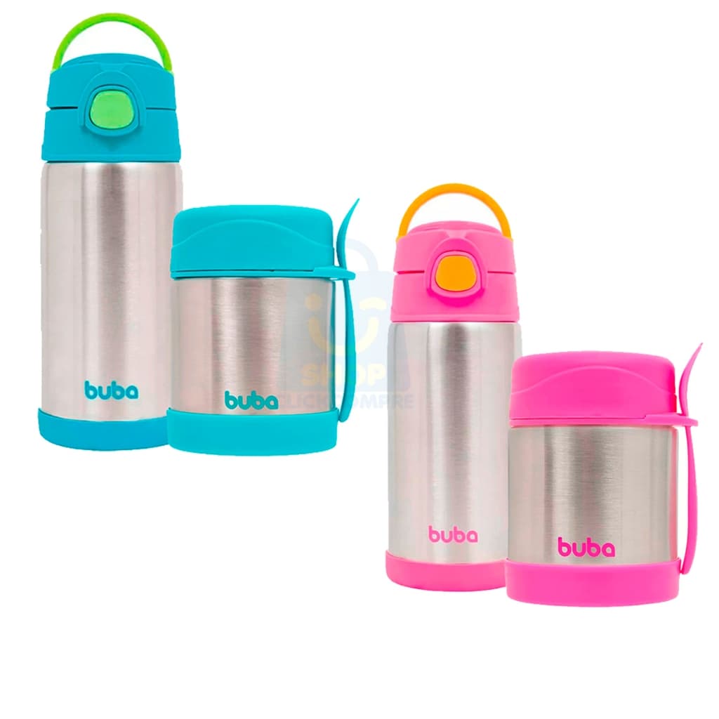 Kit Garrafa + Pote Térmico Infantil Inox Bebê Buba