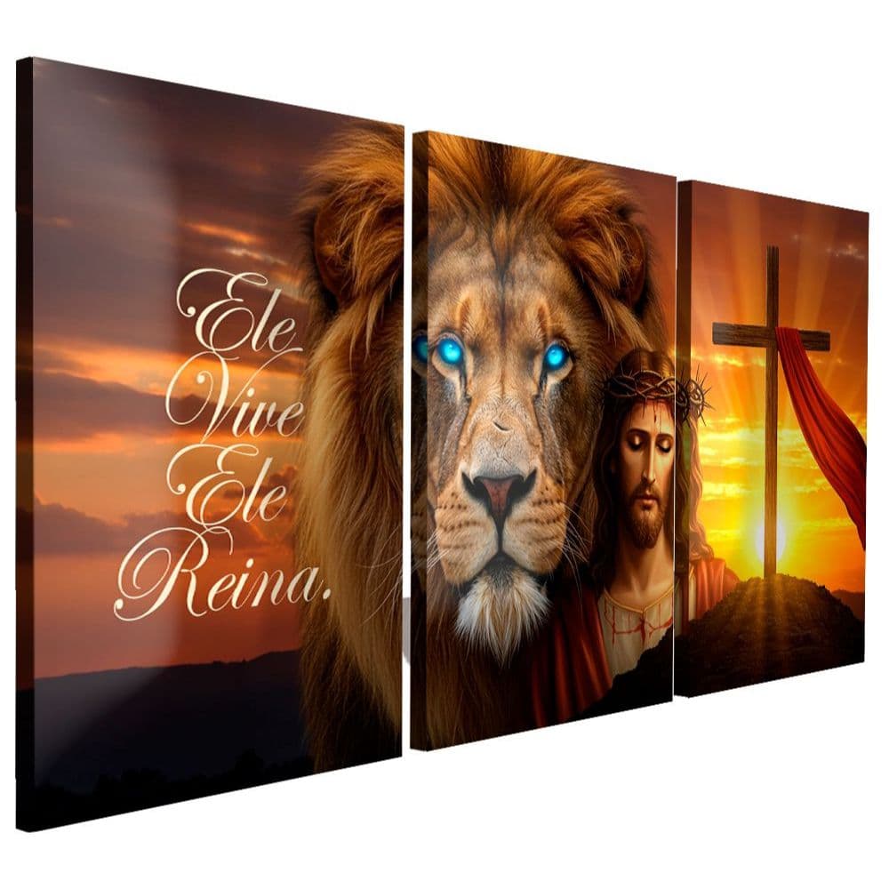 Quadro Religioso Leão de Judá com Jesus e Cruz ao Pôr do Sol