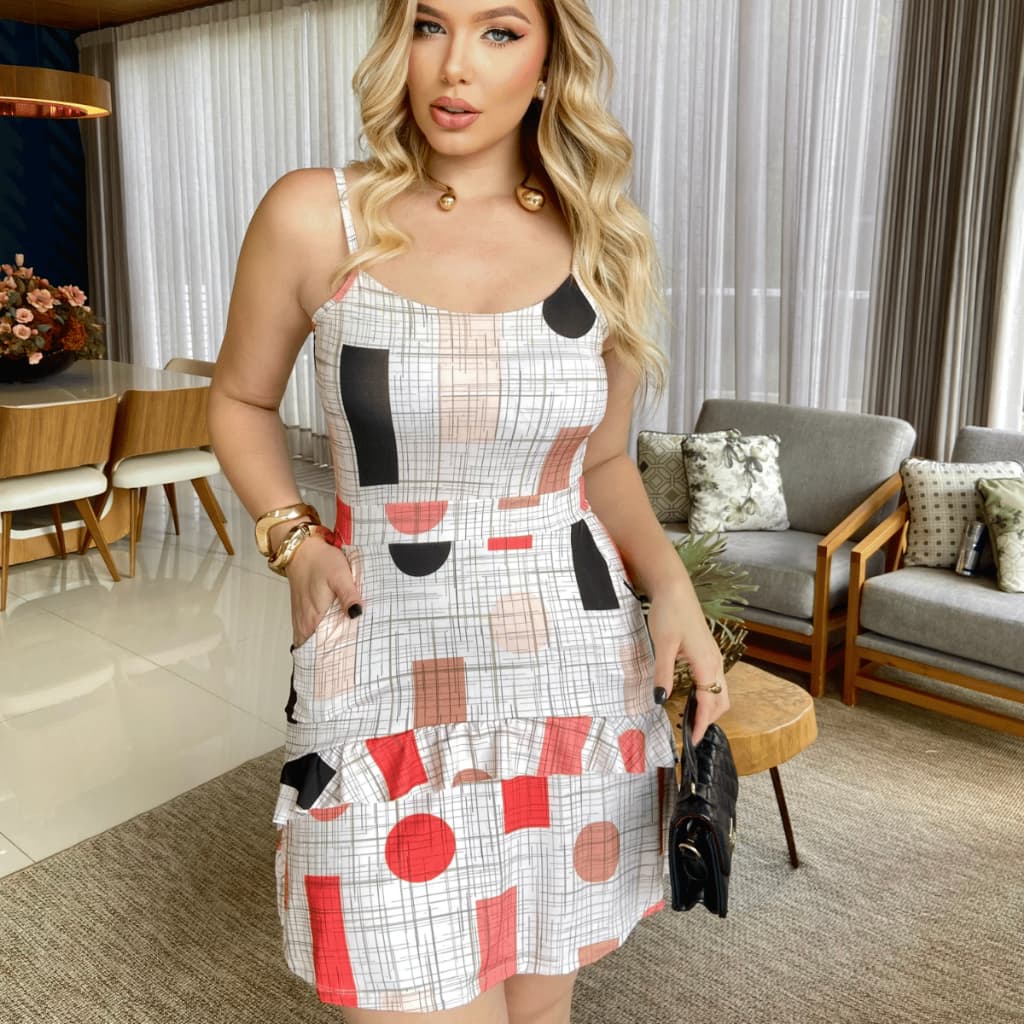 Vestido Lizz Feminino Curto Estampado com Alças Finas e Babado Moda Casual Leve
