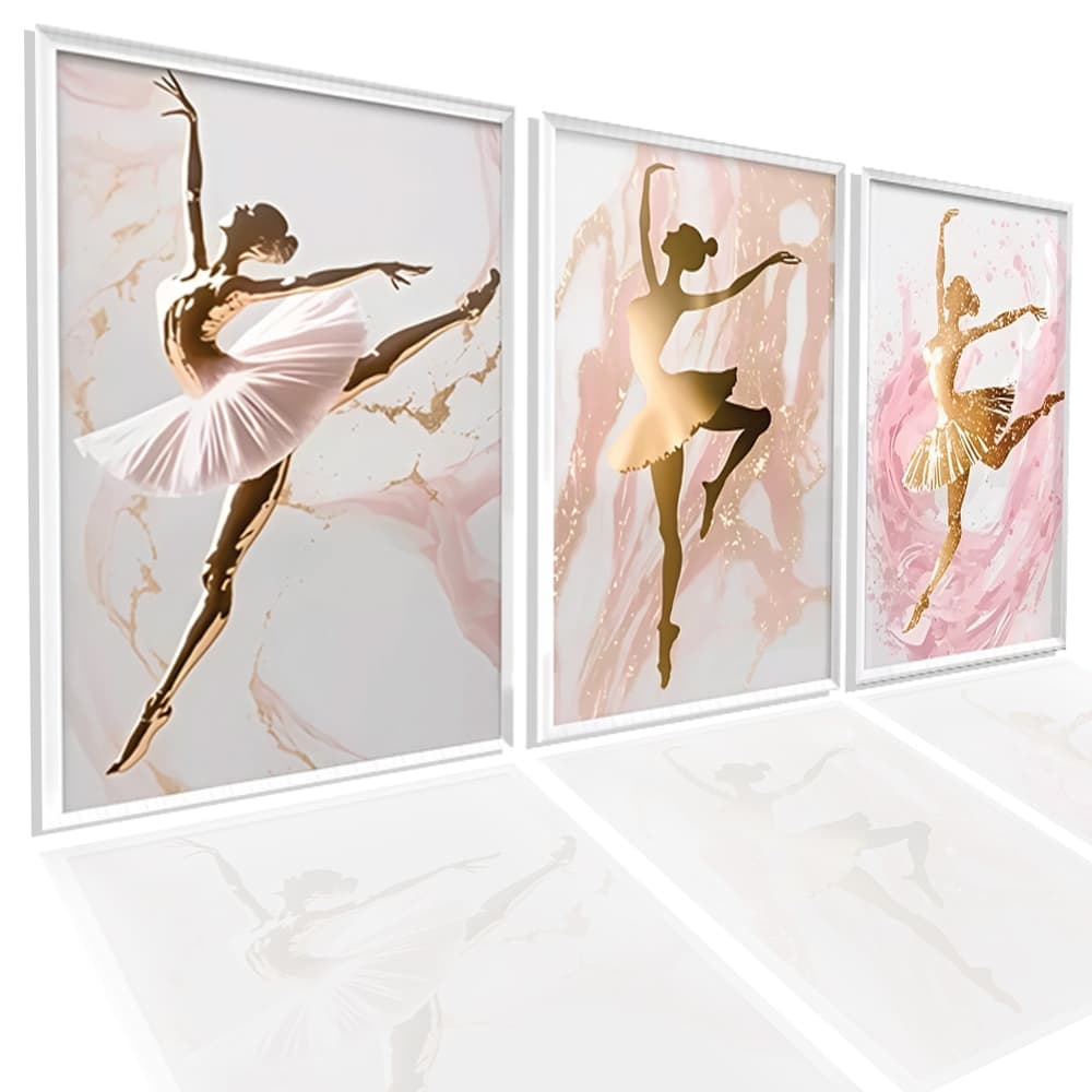Quadro decorativo bailarinas gold mármore premium 3 peças sala quarto cozinha e escritorio