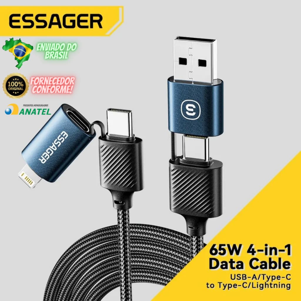 Cabo para Celular ESSAGER ORIGINAL 4in1 Carregamento Rápido USB, modelo com 4 tipos de pontas. Turbo