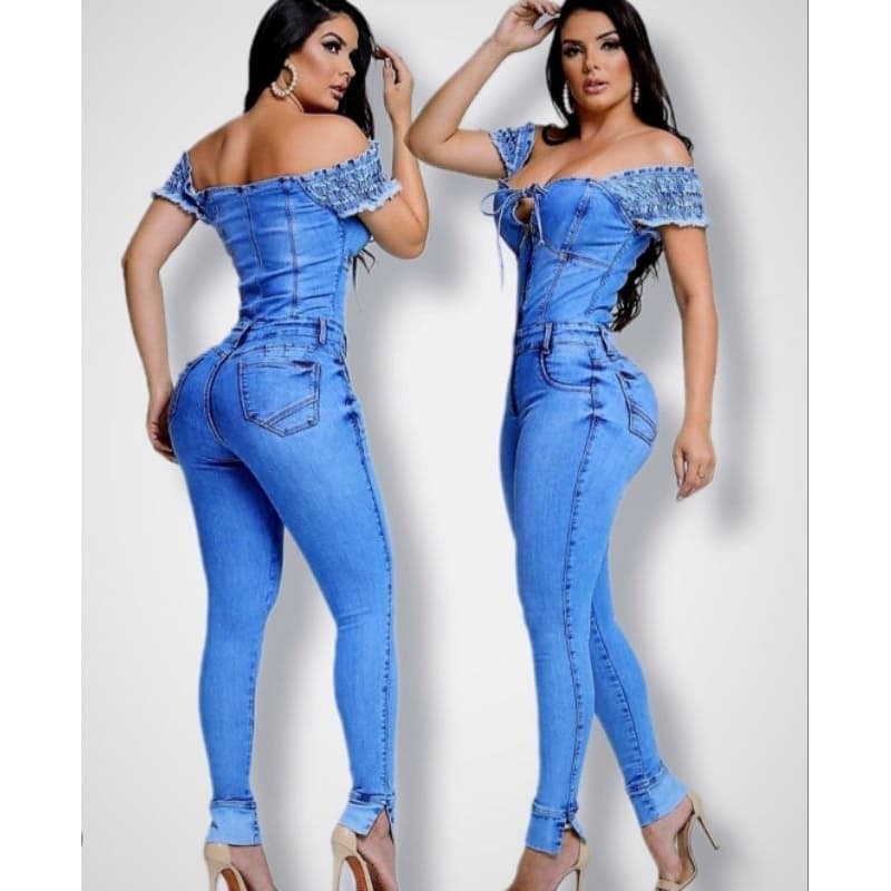 Macacão Jeans Feminino Ciganinha Ombro a Ombro Premium Conforto Deluxe...Moda Realeza 3X CORES