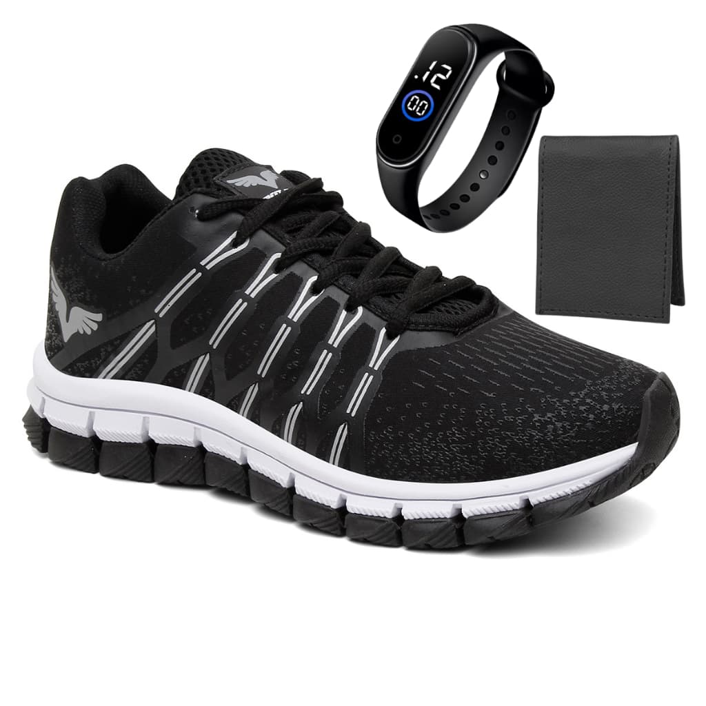 Kit Tênis Academia Masculino Esportivo Corrida Confortavel Macio + Relogio Digital Led + Carteira Slim Envio Imediato
