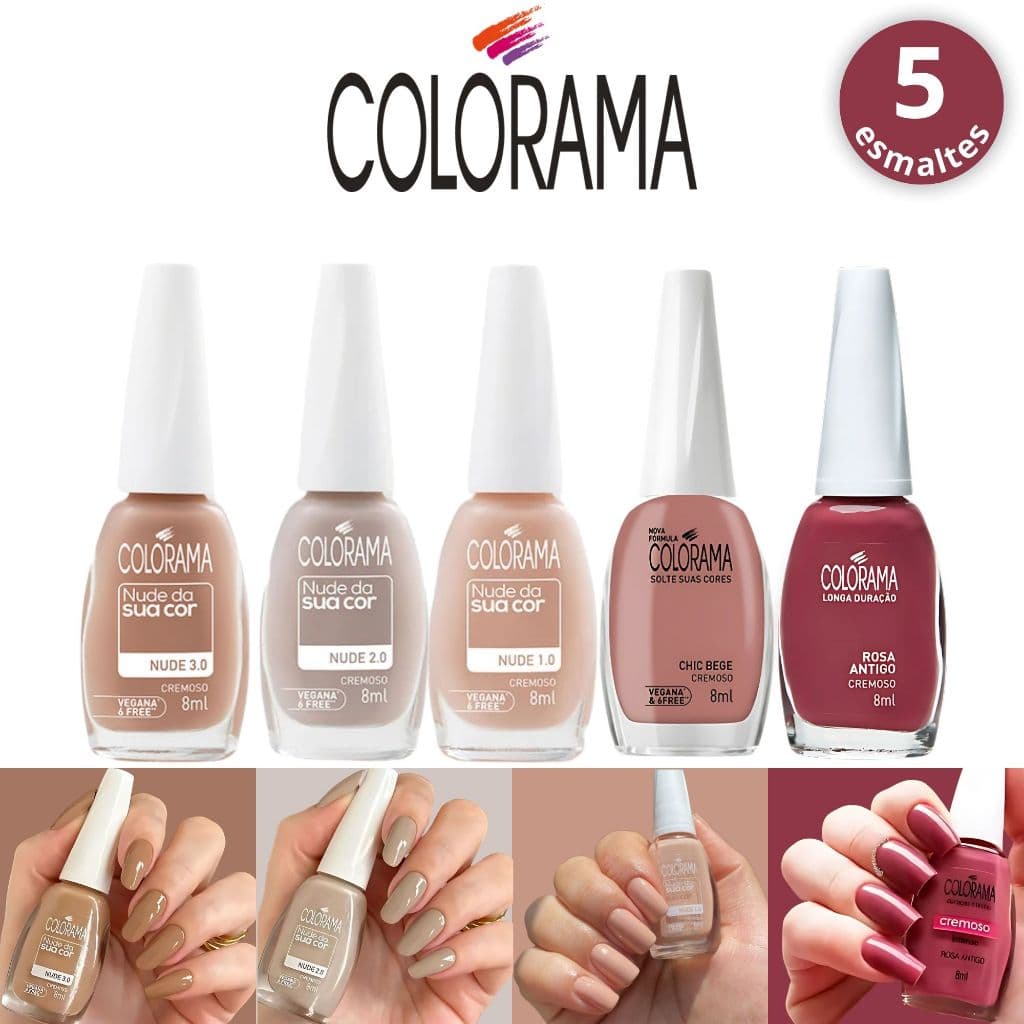 Kit 5 Esmaltes Nude e Rosa Tons Marrons Colorama Cremoso Esmalte Atacado