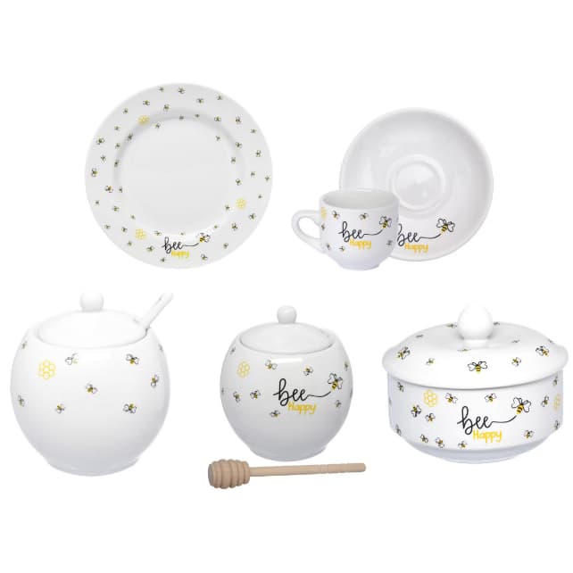 Coleção Manteigueira Prato Sobremesa Xícara Açucareiro Porcelana Bee Branca Honey