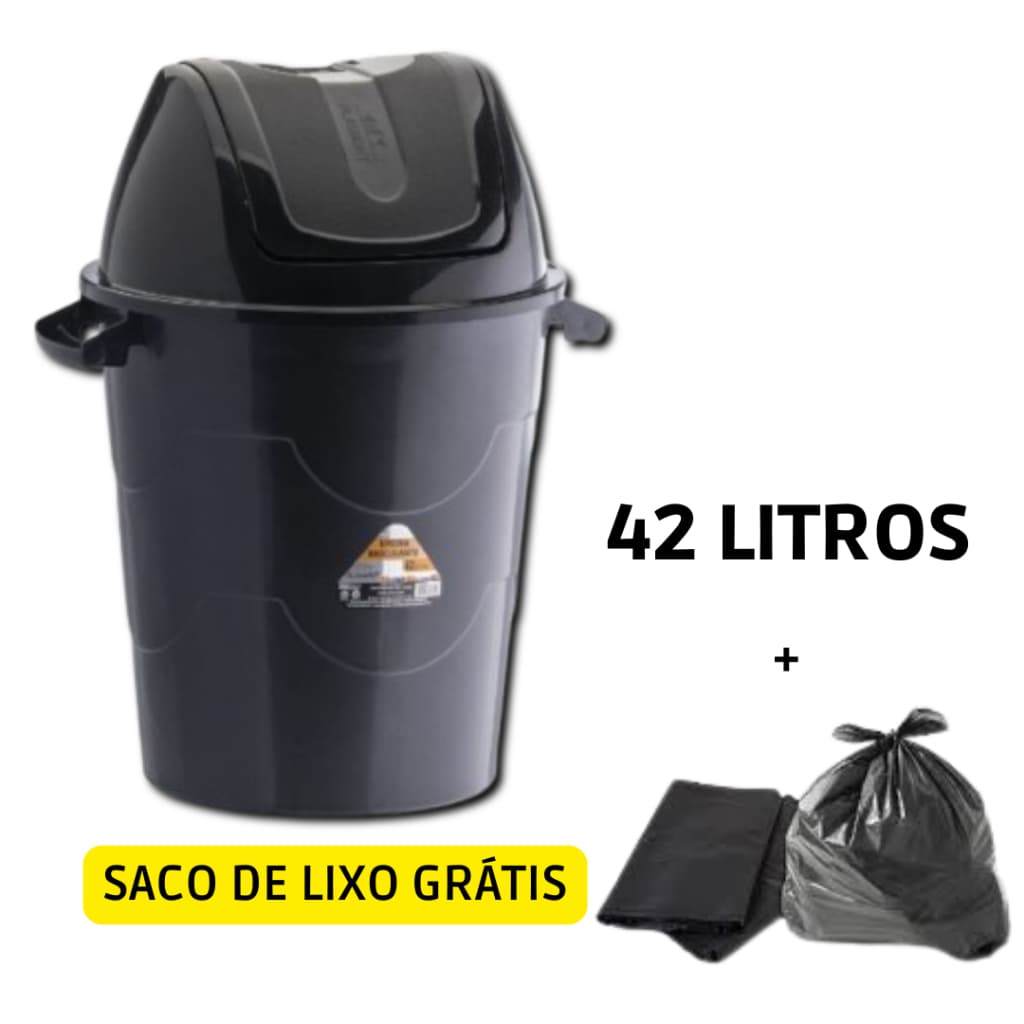 Cesto Lixeira Redonda 42 Litros Reforçada Com Tampa Para Cozinha Banheiro Escritório Lixo Grande Preto - JV