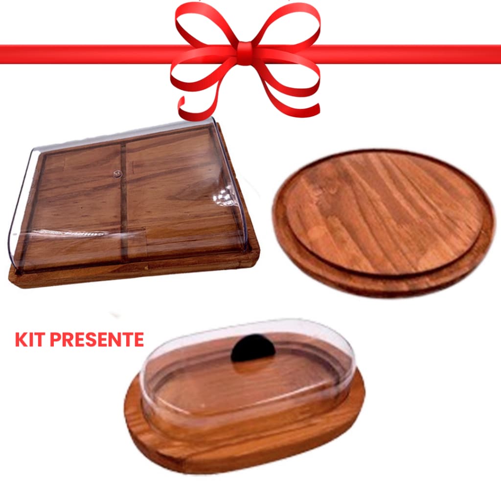 OFERTA 9.9 KIT 3pçs Porta Frios Médio (21X16,5cm), Manteigueira e Tabua Red. 25cm Madeira Rustica