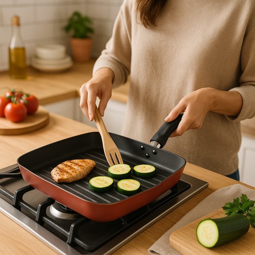 Frigideira Antiaderente Quadrada Bifeteira Grill Vermelha