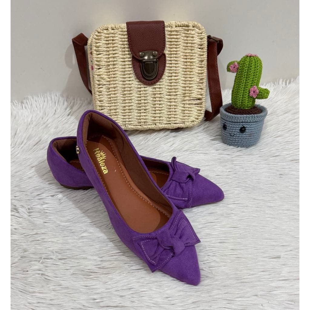 Sapatilha Feminina Bico Fino Alongado Suede Camurça Laço Violeta Roxo