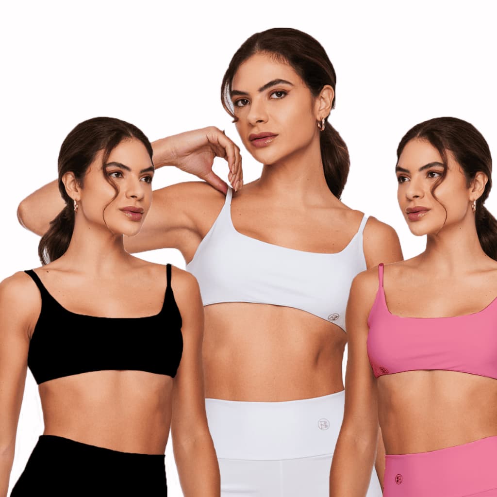 Kit Com 3 Tops Alça X Preto/Branco/Rose Feminino Academia Treino Fitness Cropped Sutiã Básico Liso