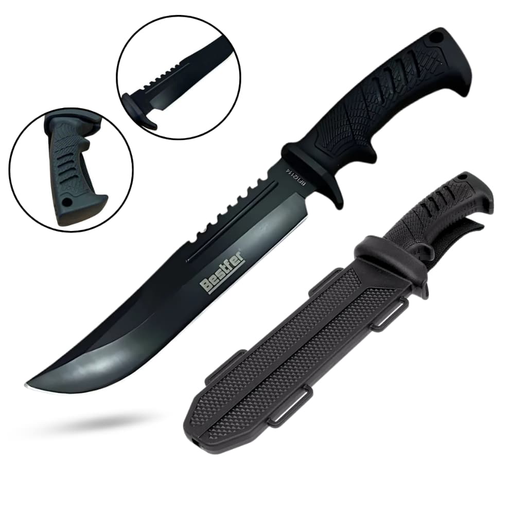 Faca Esportiva Tática Para Pesca Camping Trilha Cabo Abs Preta Com Bainha Passador Cinto Bestfer