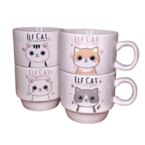 Kit 4 Xícaras Cerâmicas + 1 Suporte Torre de Metal 150ml - Pets/Gatinhos