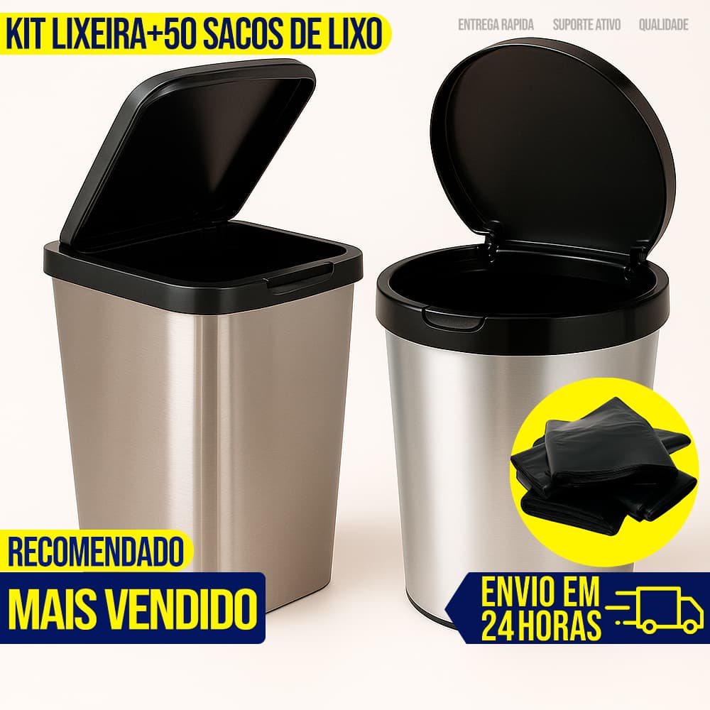 Kit Lixeira Cesto de Lixo 10 Litros Label Inox Automática 50 Saco de Lixo 20 Litros Banheiro Cozinha