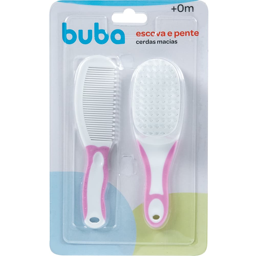 Kit Pente E Escova Infantil Cerdas Naturais Macias Buba Cor Rosa