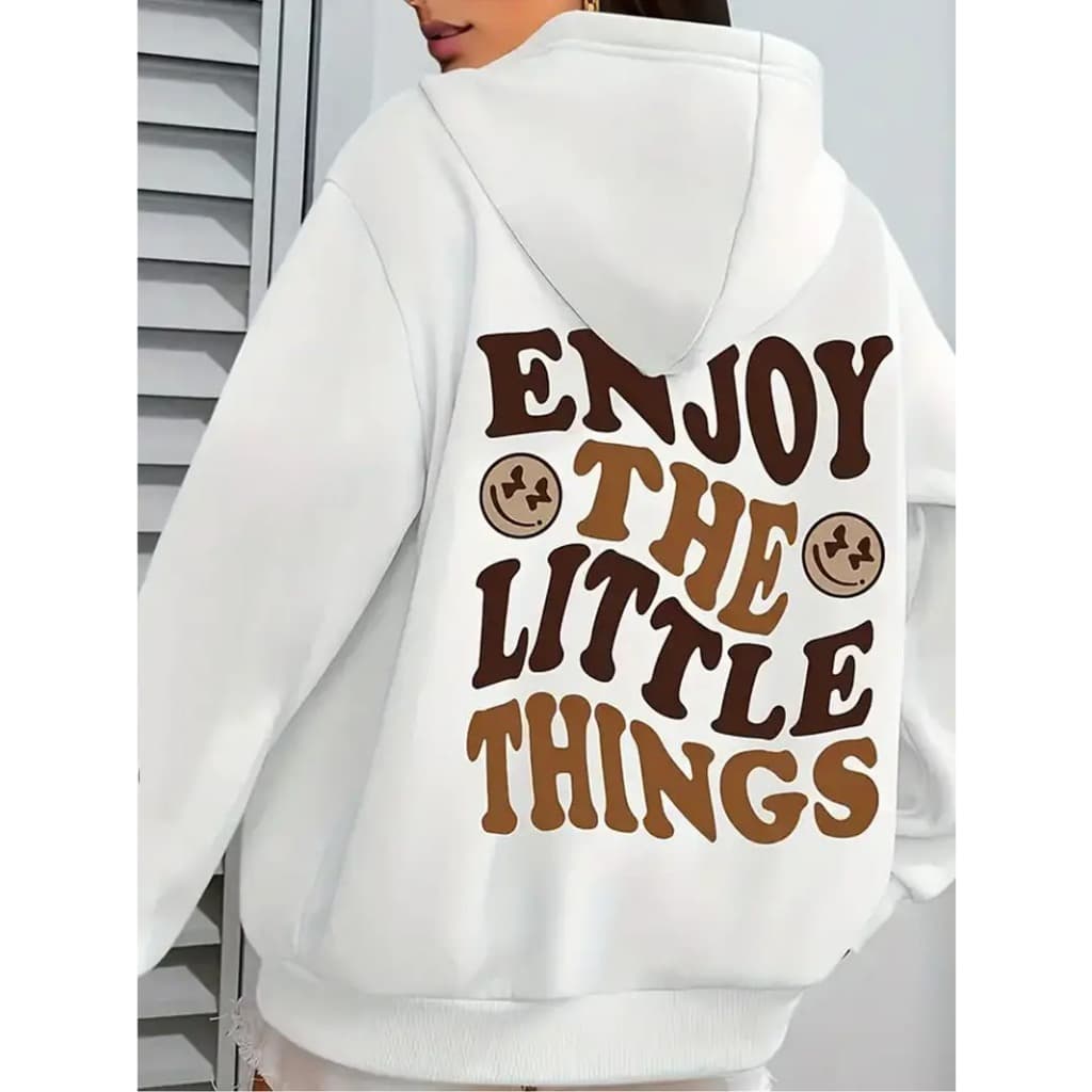 Moletom de Moda Unisex, Impressão de Letra "Aproveite as Coisas Pequenas", Pullover Tricotado com Capuz, Estilo Casual