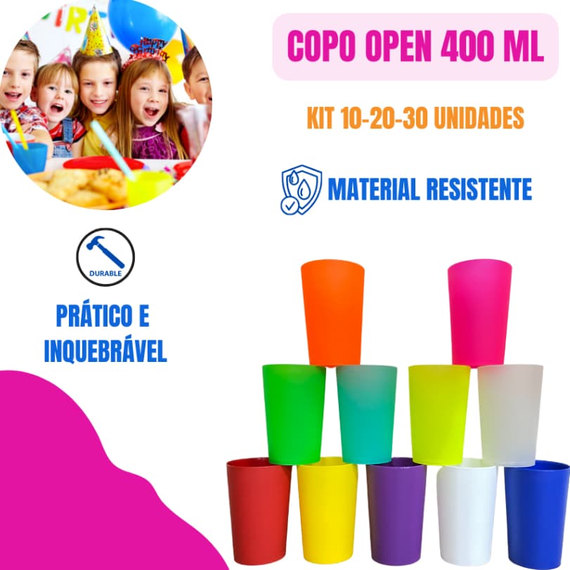 Kit 10-20-30 Copo Infantil Flexível Inquebrável Liso Ecológico 400ml Decoração De Festa