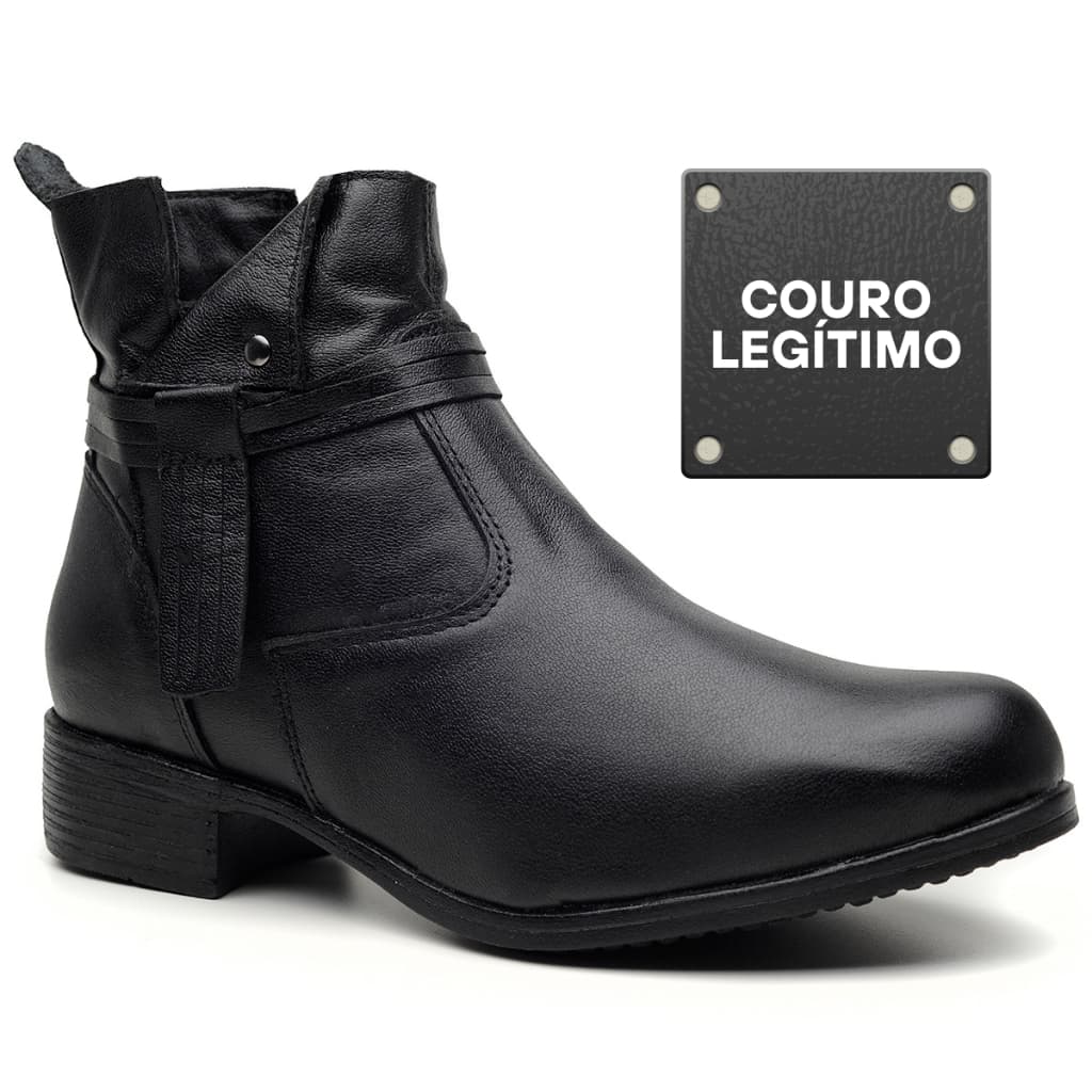Bota Feminina Couro Original Coturno Botinha Cano Médio Curto Bico Redondo Confortável Com Zíper