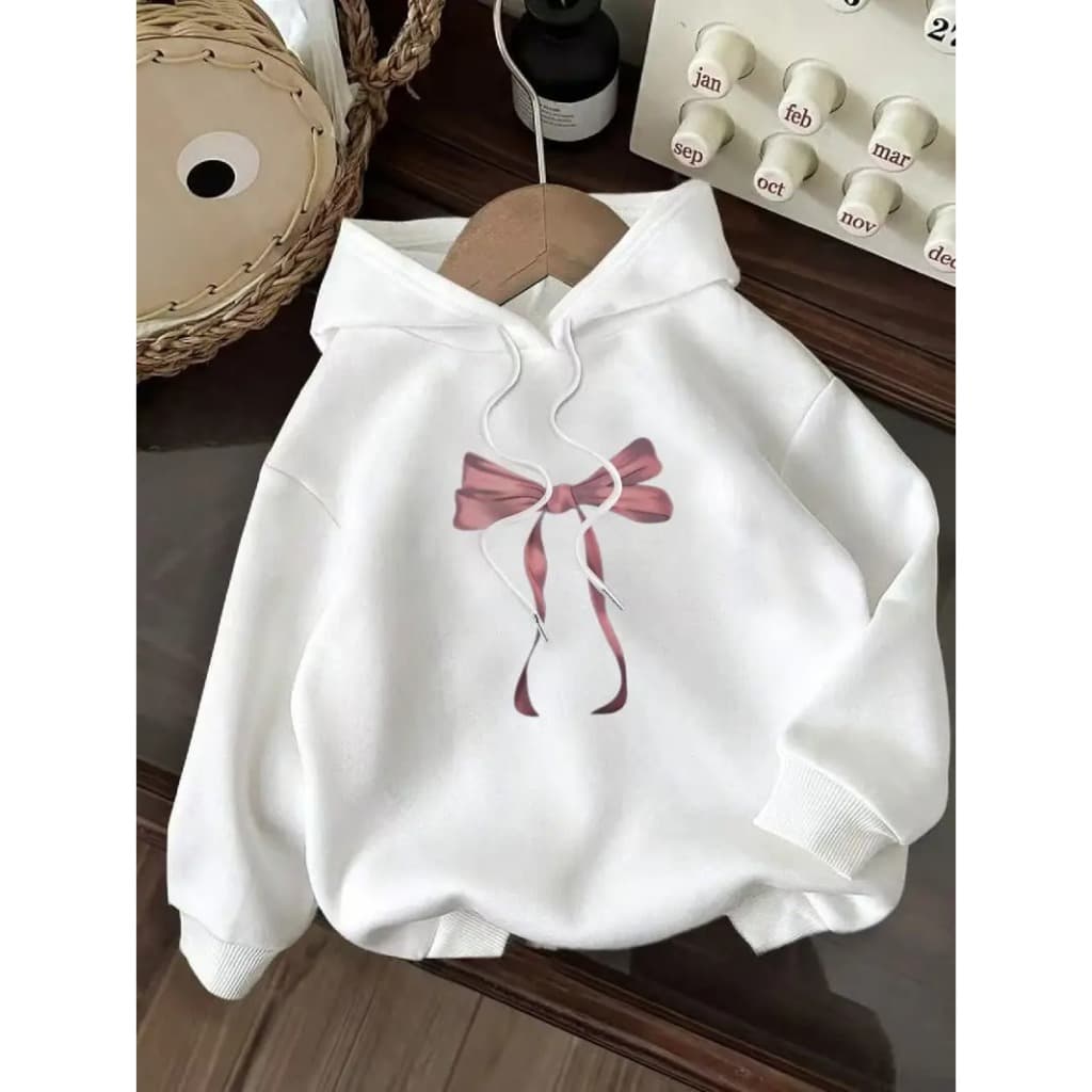 Moletom Unisex Branco com Laço Rosa Estampa - Manga Longa Casual, Moletom com Capuz e Cordão, Poliéster, Lavável