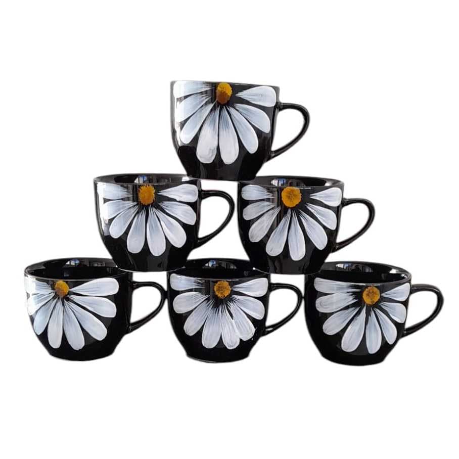 Jogo 6 Xicaras canecas Chicaras cojunto kit de Café Chá Porcelana 170 ml preta pintura margaridas feita a mão.