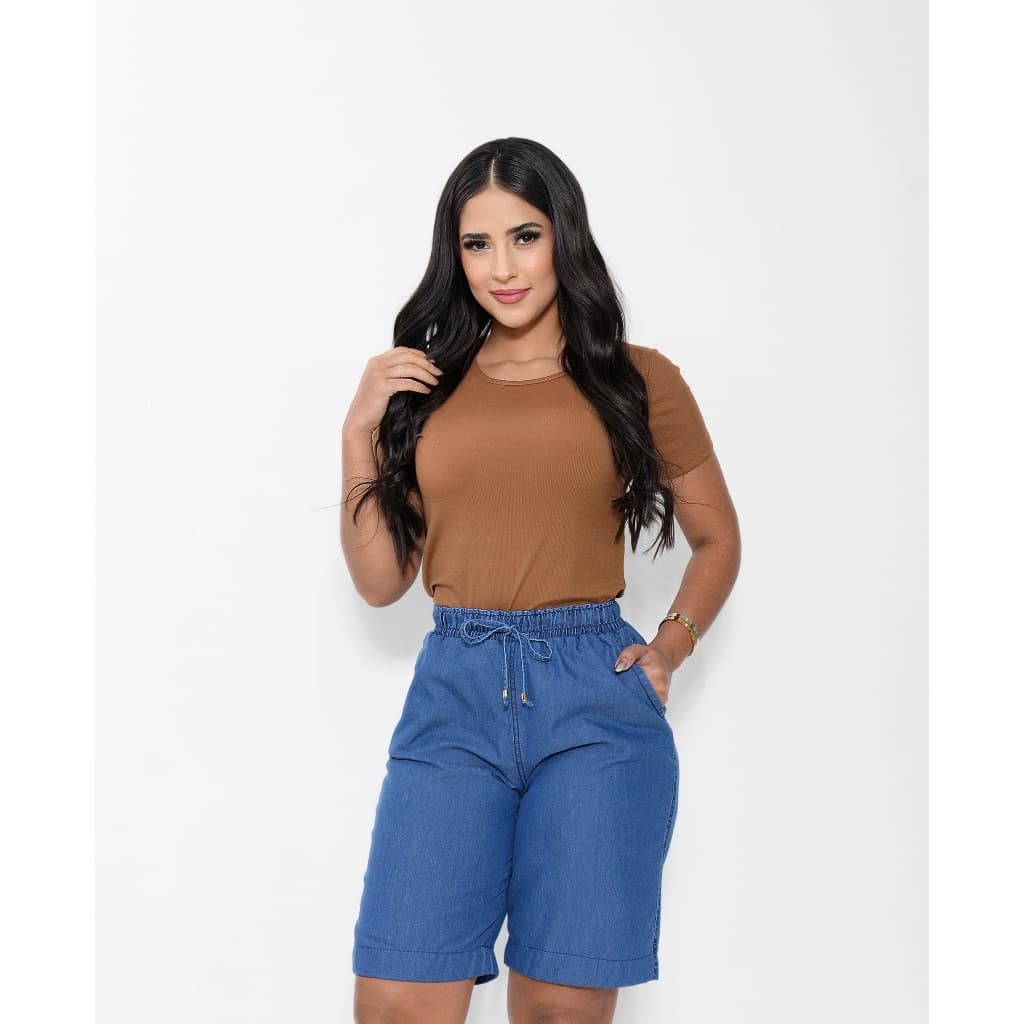 snhort Bermuda meia coxa Feminina Jeans Leve Meia Coxa Cintura Alta com Elástico e o Cordão de Enfeite