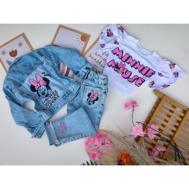 Conjunto Jeans minie , Calça jeans, jaqueta jeans, blusa Moda blogueirinha menina infantil