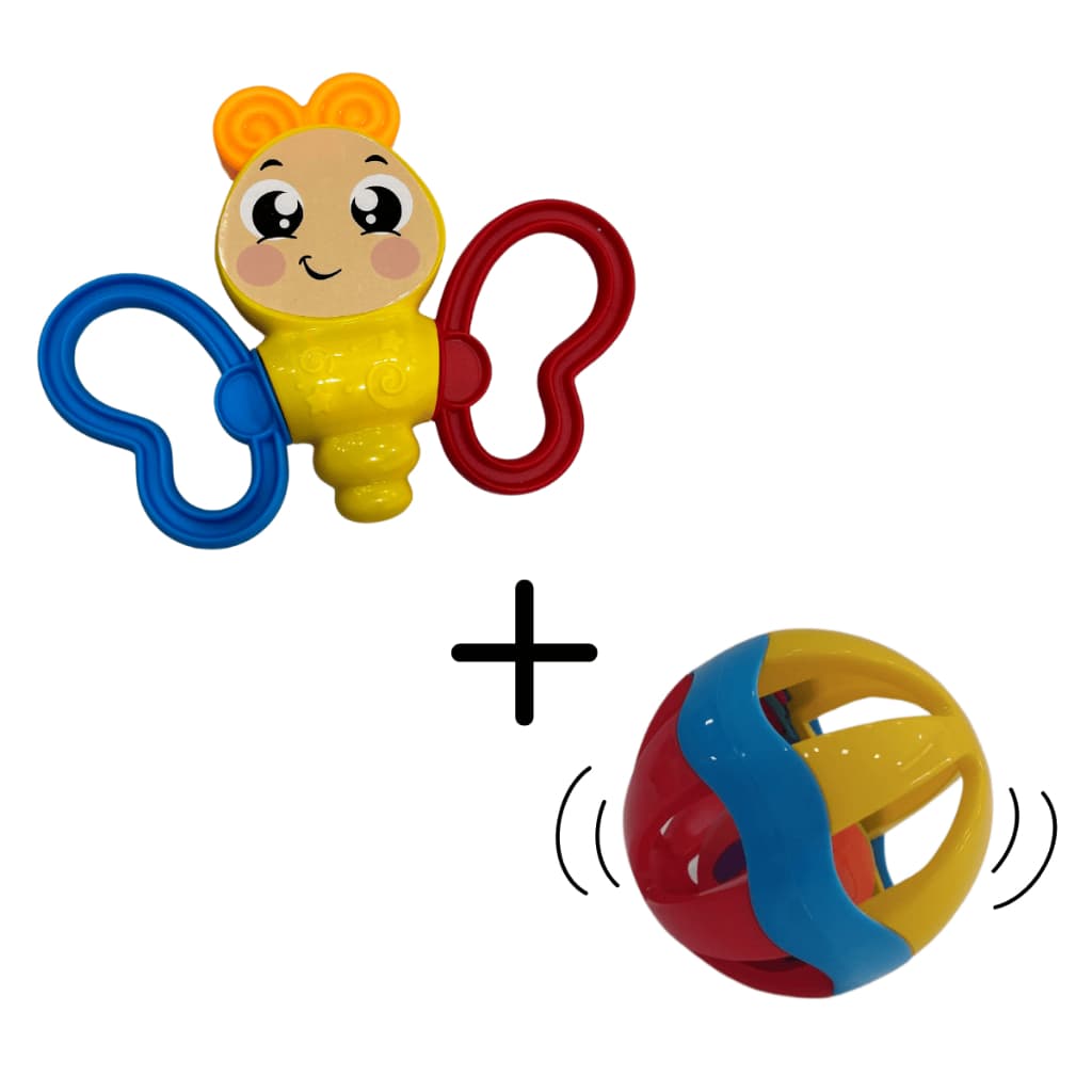 Kit 2 Brinquedos Educativos Borboletinha Chocalho e Bolinha Chocalho